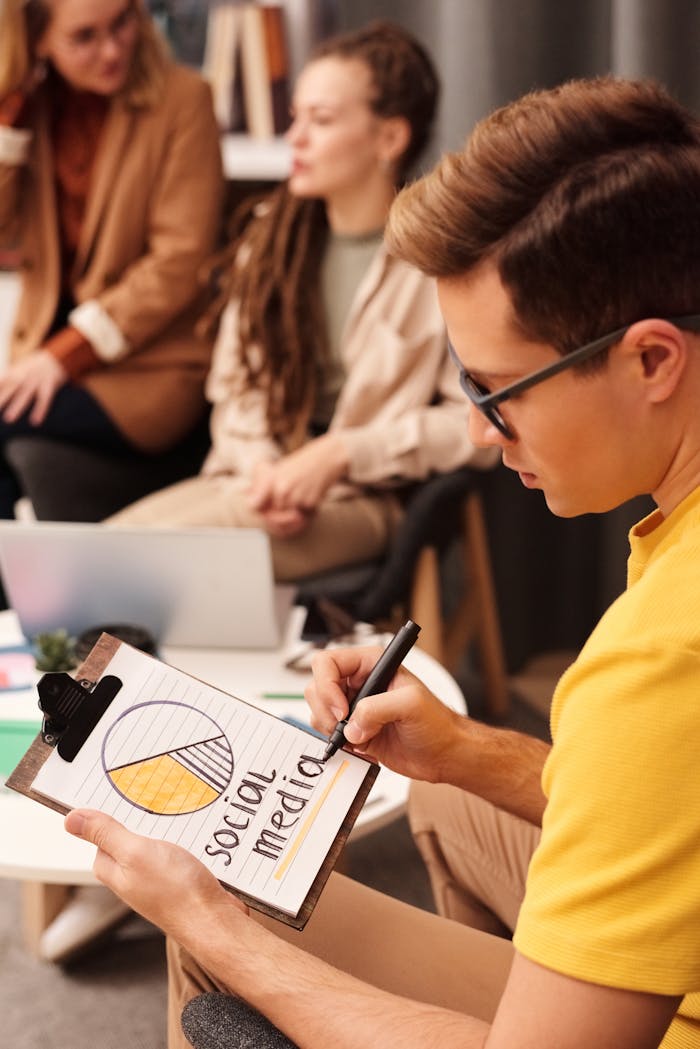 Services Team meeting focusing on social media strategies with visual elements on clipboard.