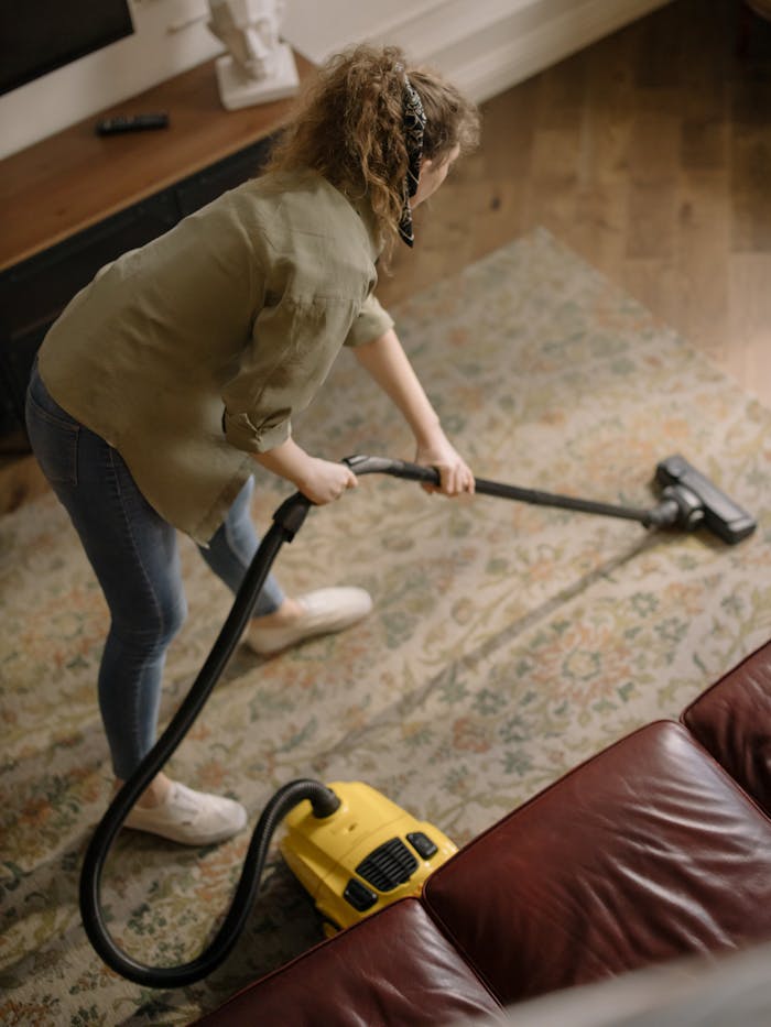 project-01-d High-angle view of a woman vacuuming a patterned carpet in a stylish living room.