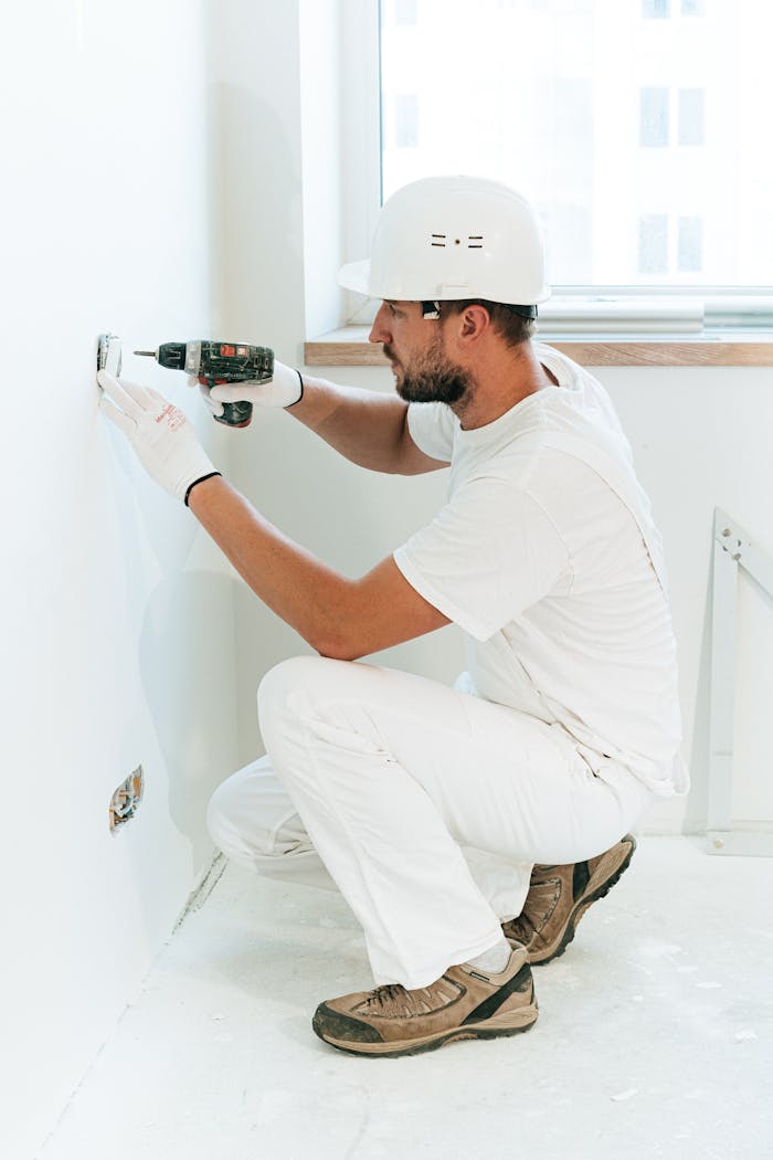 project-03-c A construction worker wearing a helmet uses a drill to install a wall outlet inside an apartment.