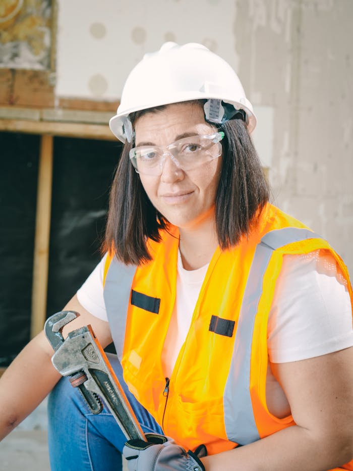 services-05 Female construction worker wearing PPE, holding a wrench in an indoor setting.